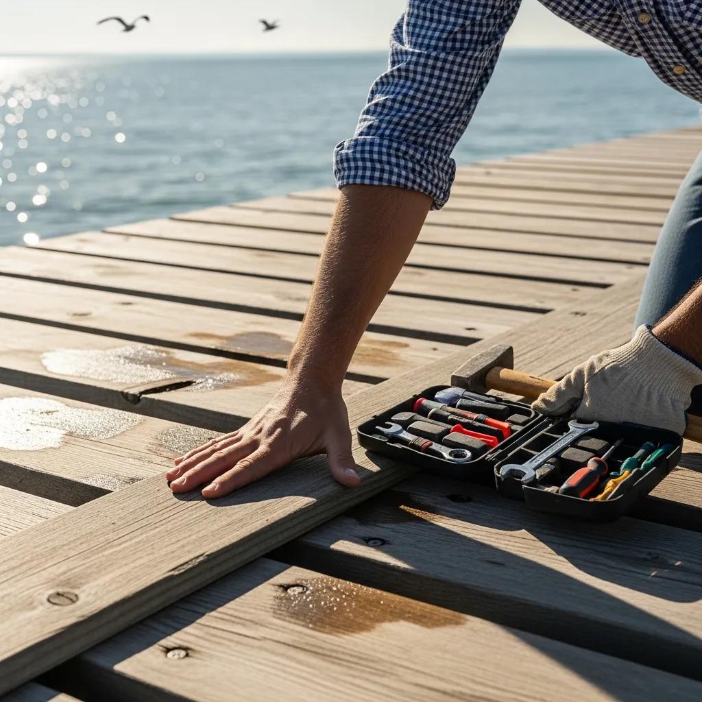 Person performing maintenance on a dock, inspecting wooden planks and ensuring safety features are intact