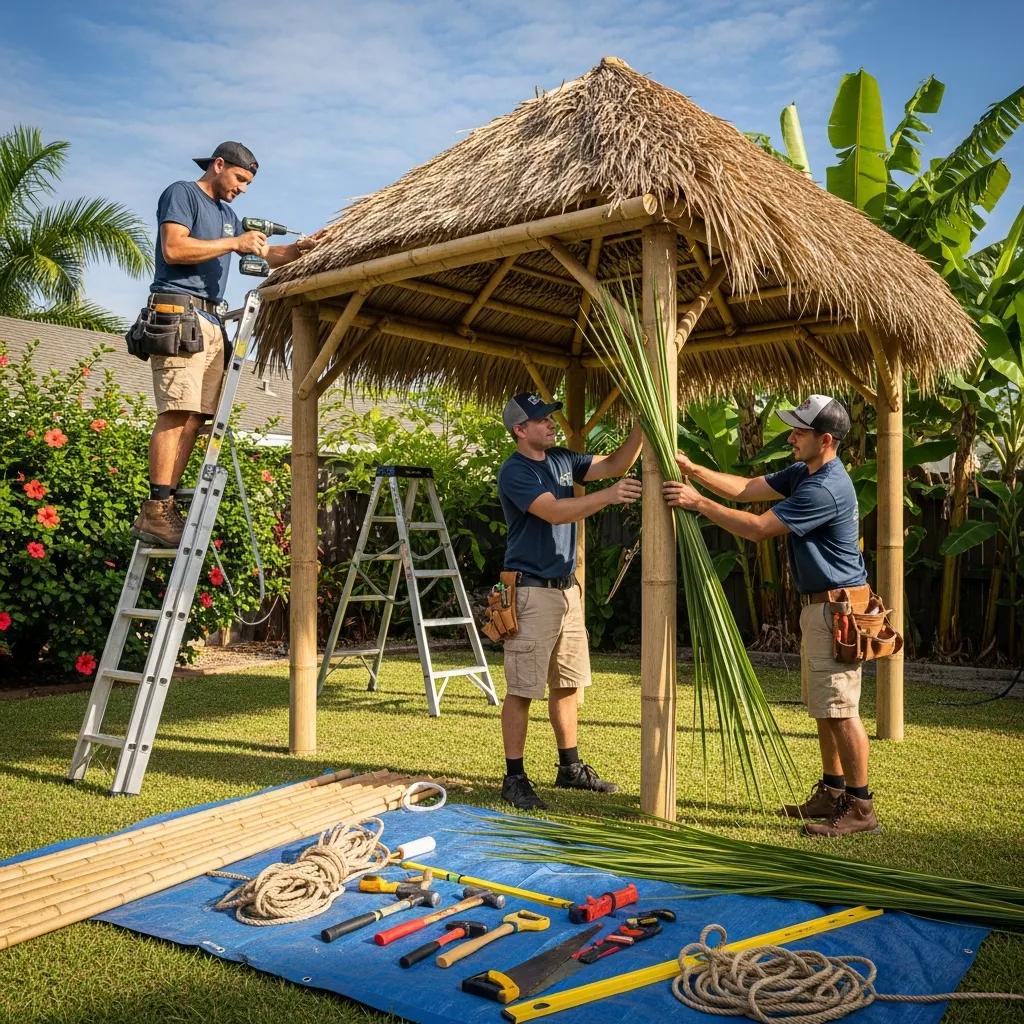 Workers installing a Tiki hut in a backyard, illustrating the installation process